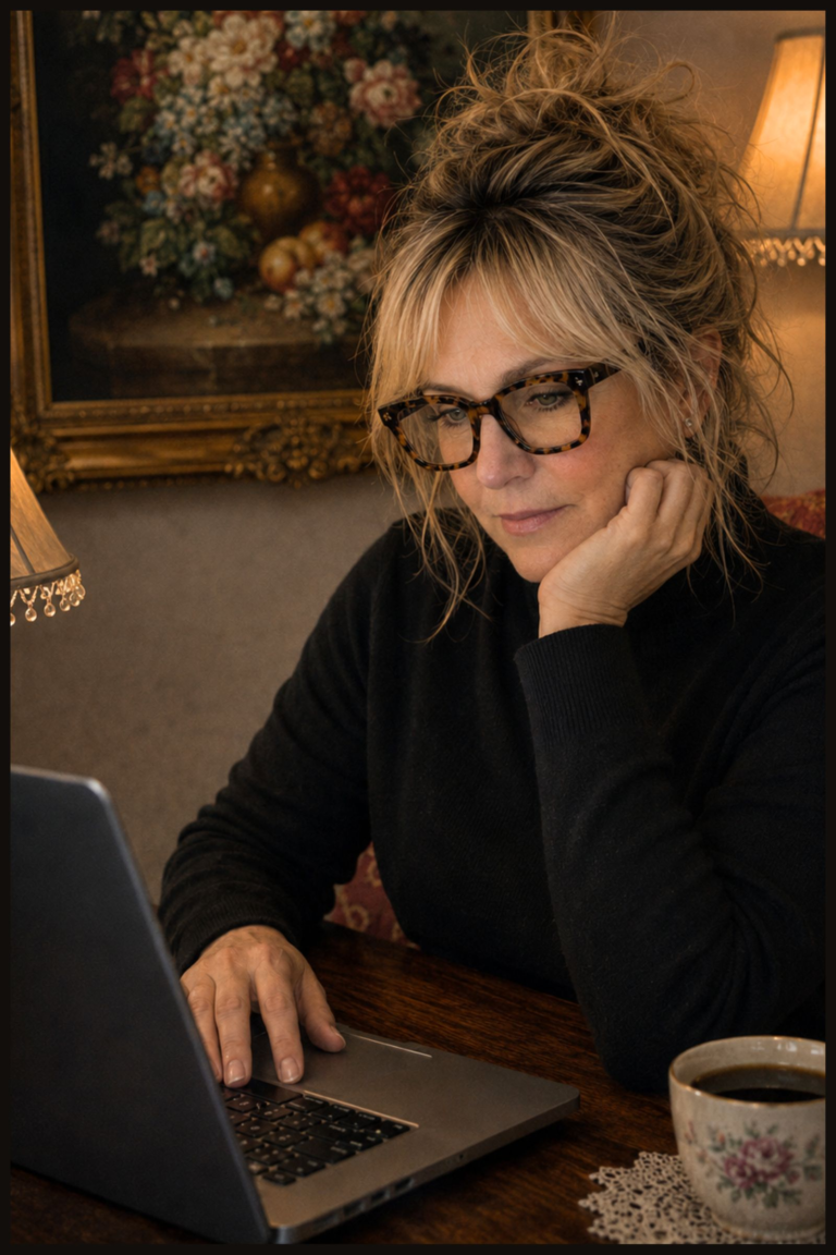 Lori Tyler researching and writing at her laptop for The Heart of a Story website