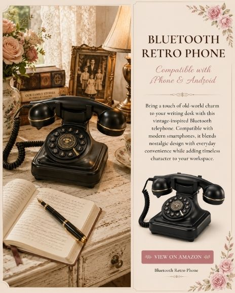 Bluetooth retro phone displayed in a cozy writing and research space with a fountain pen, open journal, vintage books, family photographs, and antique-inspired décor.