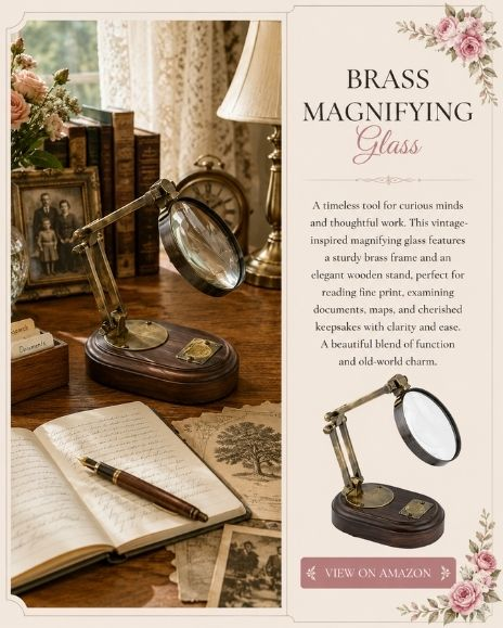 Brass magnifying glass with wooden stand displayed in a vintage writing and genealogy workspace with antique books, family photographs, and research materials.