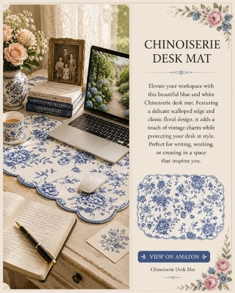 Chinoiserie blue and white desk mat displayed in a cozy writing and genealogy workspace with a laptop, notebook, fountain pen, vintage books, and family photographs.