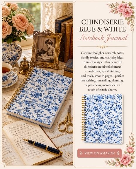 Chinoiserie blue and white notebook journal displayed in a cozy writing space with vintage books, a fountain pen, teacup, and floral décor, ideal for journaling, research, and preserving family stories.
