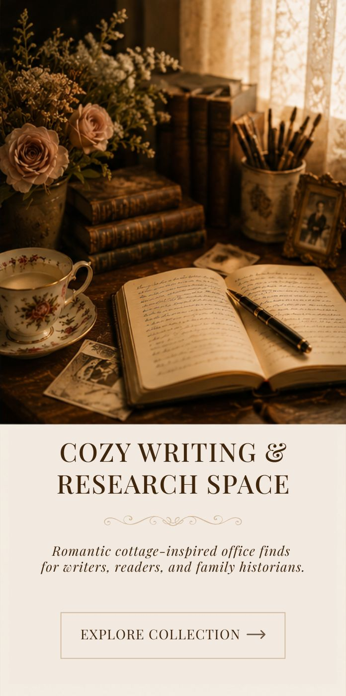 Cozy writing and research space with vintage-inspired decor, books, journal, and warm cottage-style office aesthetic