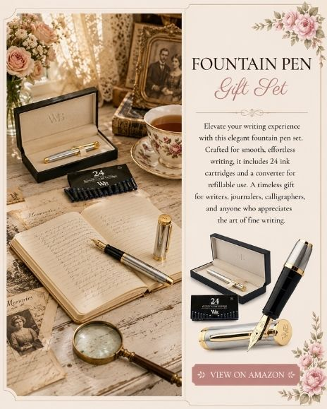 Fountain pen gift set displayed in a cozy writing and genealogy workspace with vintage photographs, handwritten journal pages, a magnifying glass, and antique-inspired décor.