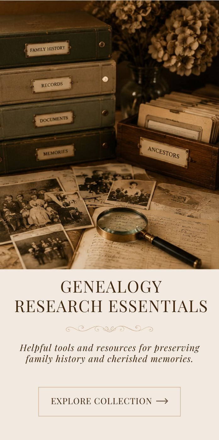 Genealogy research essentials with vintage family photographs, labeled archival boxes, handwritten documents, and magnifying glass on antique desk