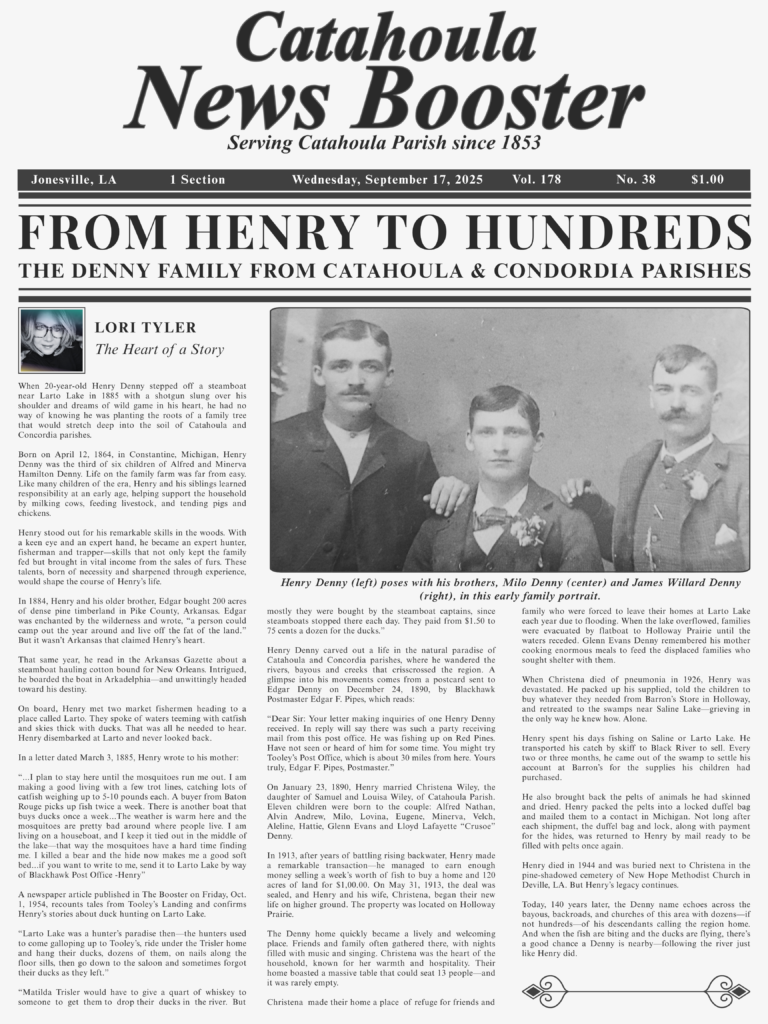 Feature article about Henry Denny and the Denny family of Catahoula and Concordia Parishes, published in the Catahoula News Booster and written by Lori Tyler.