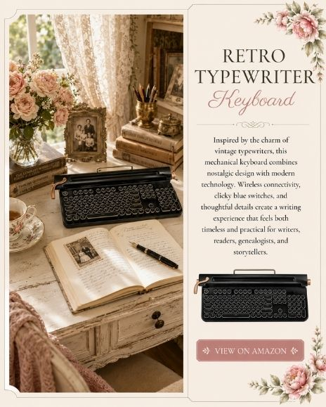 Retro typewriter-style mechanical keyboard featured in a vintage-inspired writing and research workspace with books, journal, fountain pen, and floral decor.