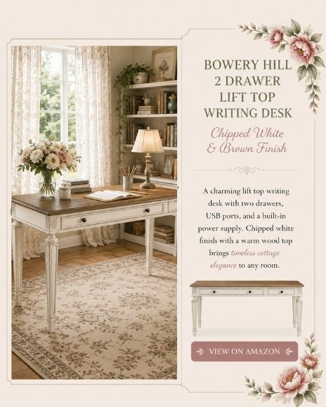 Vintage-inspired Bowery Hill 2 Drawer Lift Top Writing Desk in chipped white and brown finish featured in a cozy cottage-style home office with floral accents and soft neutral décor.