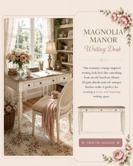 Romantic cottagecore-inspired Magnolia Manor writing desk styled in a cozy vintage home office with soft floral decor and antique details.