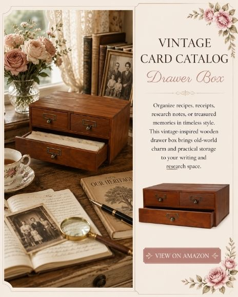 Vintage wooden card catalog drawer box displayed in a cozy writing and genealogy workspace with books, family photographs, notebooks, and a magnifying glass.