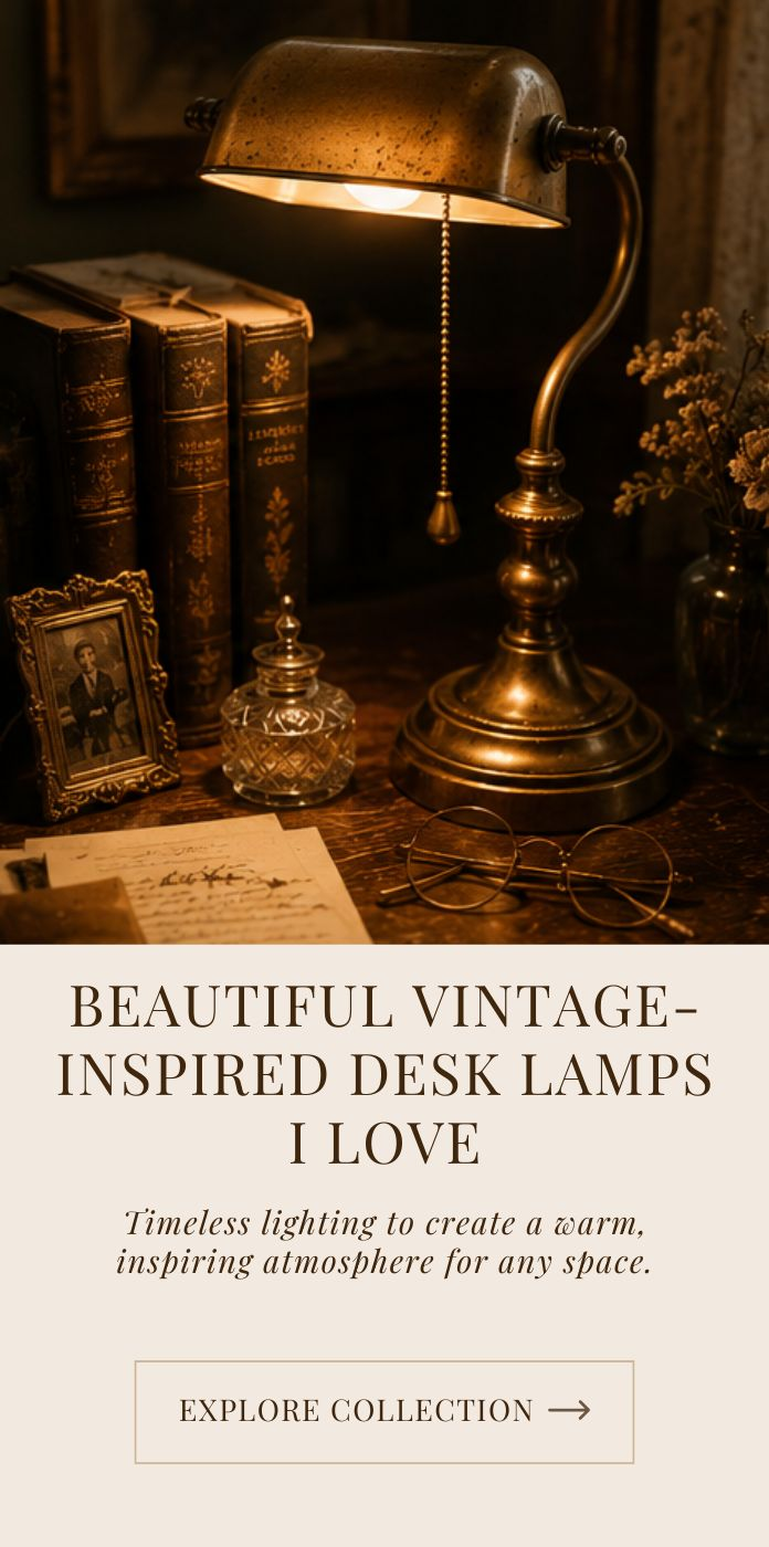 Beautiful vintage-inspired brass desk lamp with antique books, framed photograph, and warm literary office aesthetic