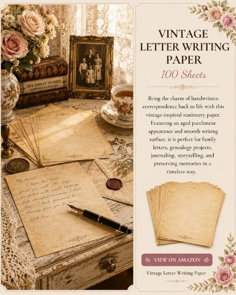 Vintage letter writing paper displayed in a cozy writing and genealogy workspace with antique books, handwritten correspondence, family photographs, and a fountain pen.