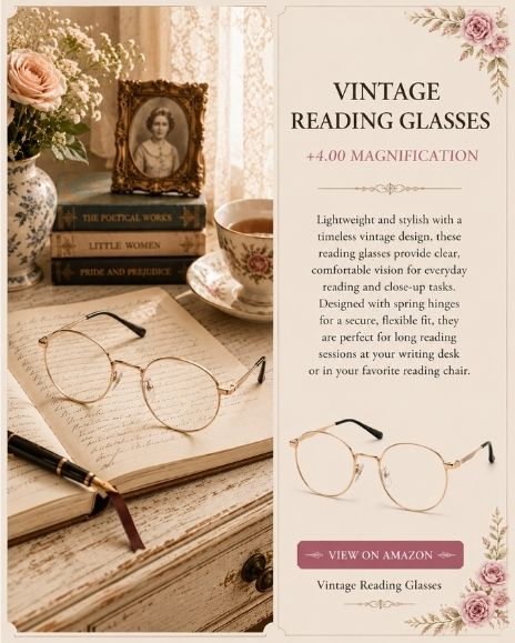 Vintage-style round reading glasses displayed on an open journal in a cozy writing and research space with classic books, a fountain pen, teacup, and antique family photograph.