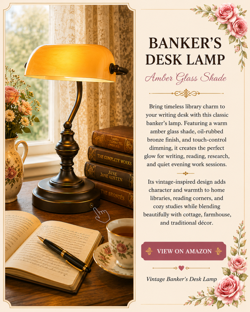 Vintage banker’s desk lamp with amber glass shade and bronze finish styled beside books, tea, and a writing journal in a cozy reading nook.