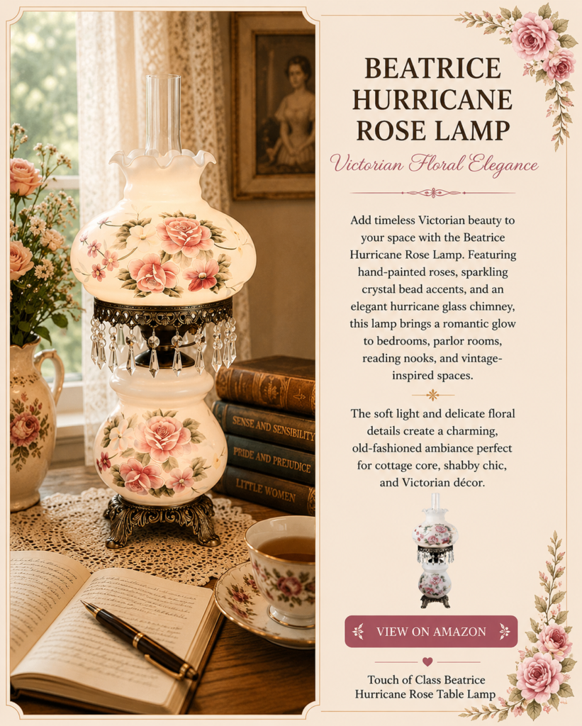 Vintage Victorian hurricane rose table lamp with floral glass shade, crystal bead accents, and antique-inspired décor styling for cozy reading rooms and cottage core interiors.