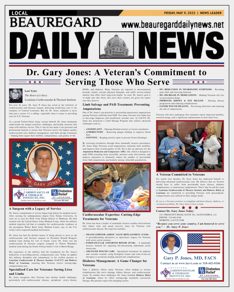Feature article from Beauregard Daily News titled “Dr. Gary Jones: A Veteran’s Commitment to Serving Those Who Serve,” highlighting Dr. Gary P. Jones’s cardiovascular care and dedication to Veterans in Louisiana.