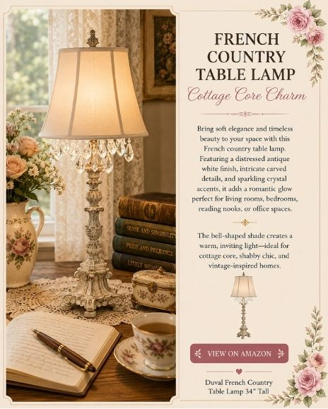 Vintage-inspired French country table lamp with crystal accents and antique white finish styled beside books and a writing journal in a cozy cottage reading corner.
