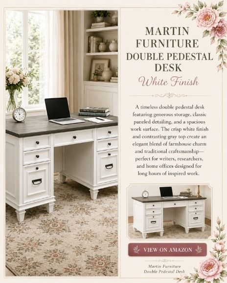 Martin Furniture Double Pedestal Desk in white farmhouse finish with storage drawers for writers, home office, research, and genealogy workspaces