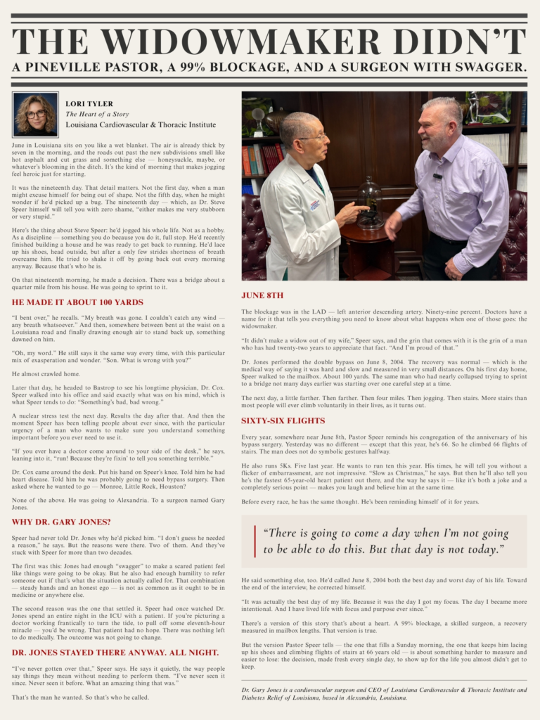 Full-length feature article titled “The Widowmaker Didn’t” telling the story of Pastor Steve Speer’s 99% widowmaker blockage, bypass surgery performed by Dr. Gary Jones, and his journey of resilience, faith, and intentional living during Men’s Health Month.
