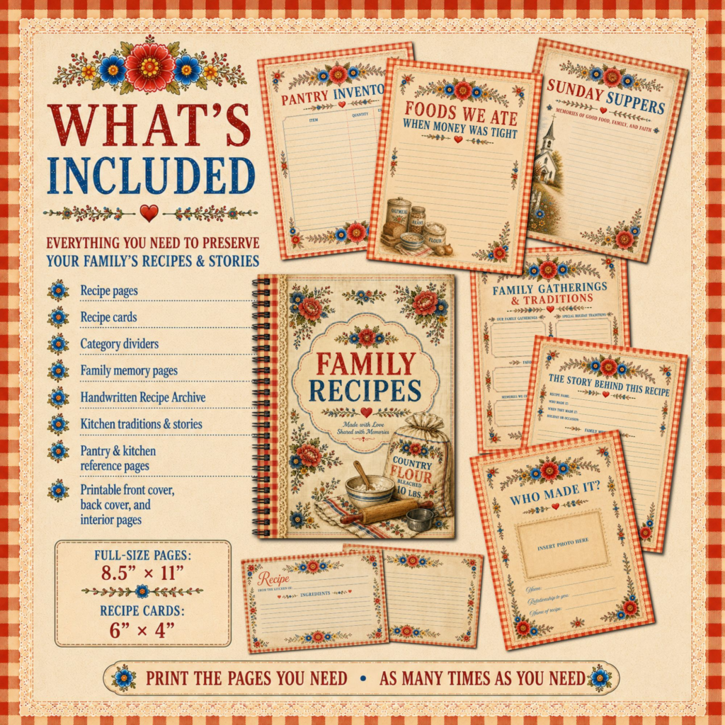 Family Recipes printable keepsake cookbook featuring vintage flour sack designs, recipe pages, recipe cards, family memory pages and heritage cooking pages.