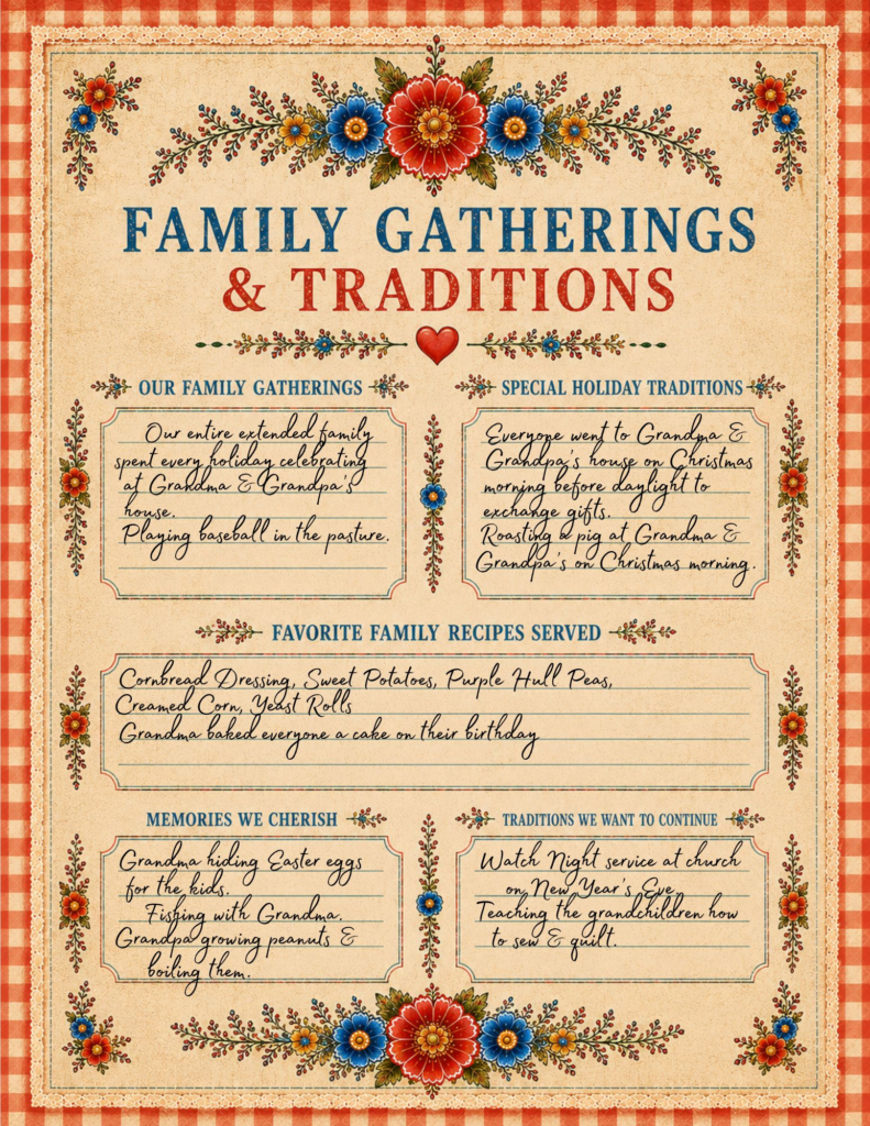 Completed Family Gatherings & Traditions keepsake page for recording family gatherings, holiday traditions, favorite recipes and cherished memories.