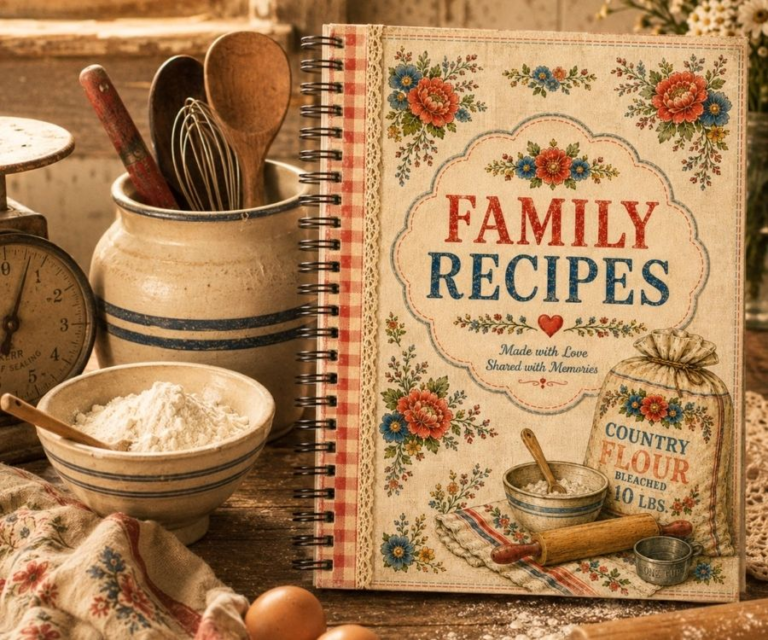 Family Recipes printable heirloom cookbook from The Flour Sack Legacy Collection, inspired by 1930s Depression-era flour sack fabrics.