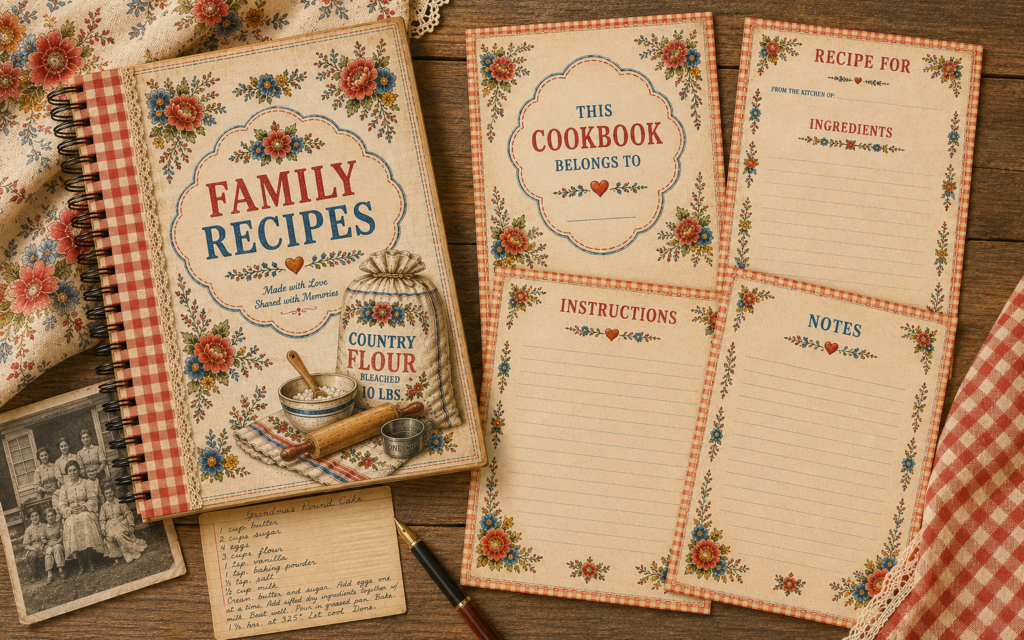 Printable vintage family recipe cookbook with customizable recipe, instructions and notes pages for preserving family recipes and memories