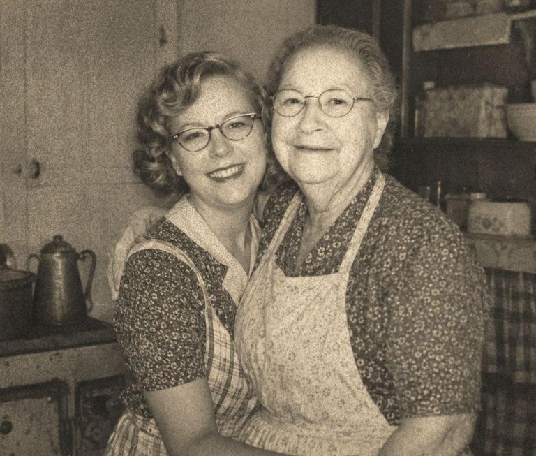 Grandmother and granddaughter together in a vintage kitchen, wearing patterned dresses and aprons—a reflection of family, tradition and memories passed through generations.