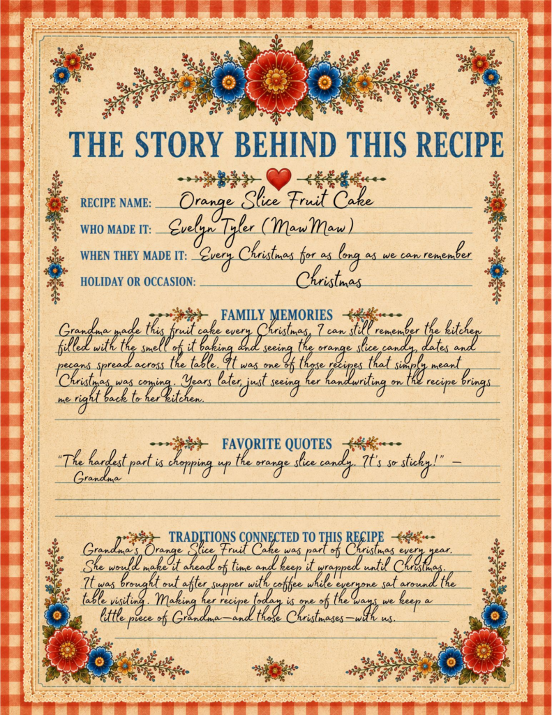 Completed “The Story Behind This Recipe” family recipe keepsake page preserving a grandmother’s Orange Slice Fruit Cake recipe, memories and family traditions.