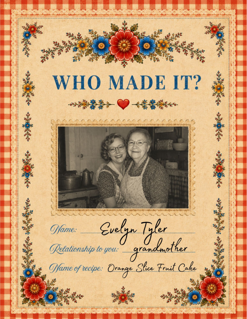 Who Made It printable family recipe page with space for a family photo, cook’s name, relationship and treasured family recipe.